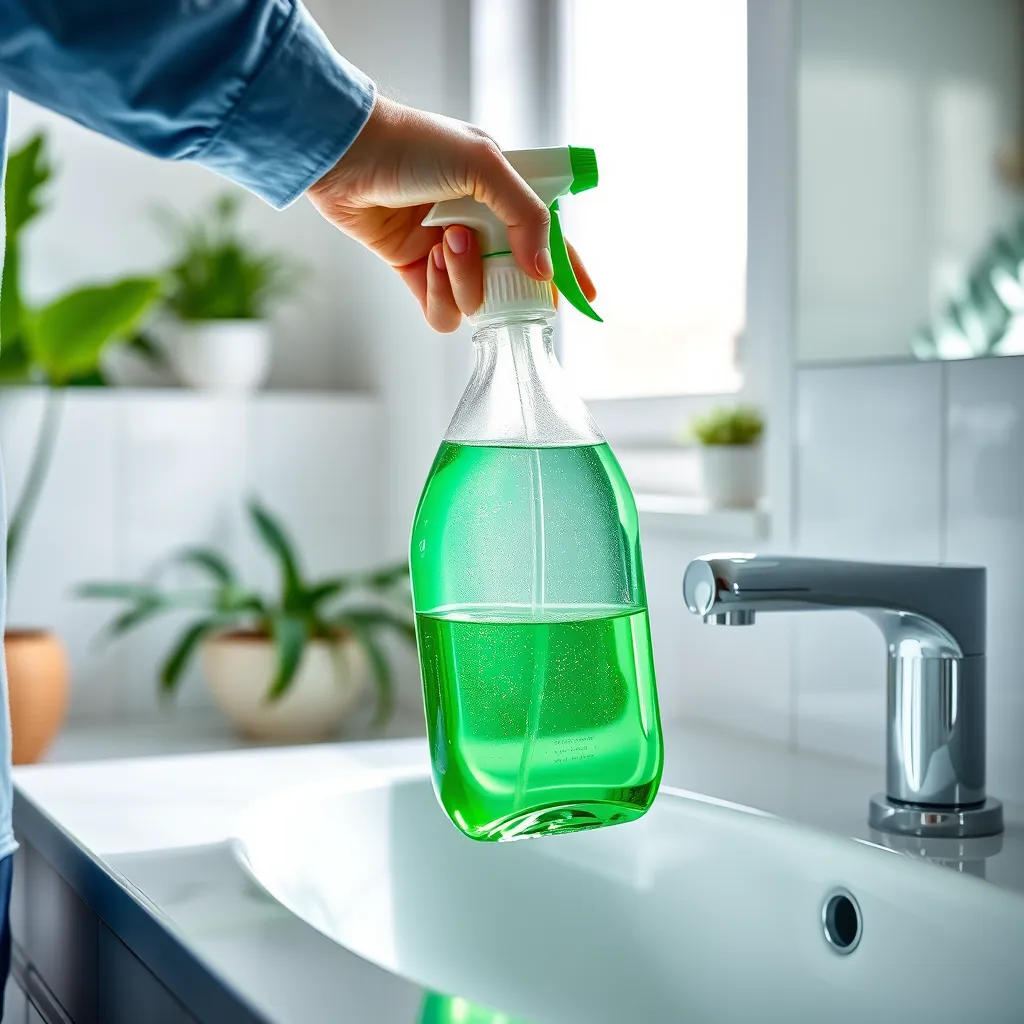 A photorealistic image of a cleaning professional using a spray bottle filled with a clear, green solution to clean a bathroom sink. The scene is bright and airy, with plants and natural light. The focus is on the green solution, highlighting its eco-friendly nature.