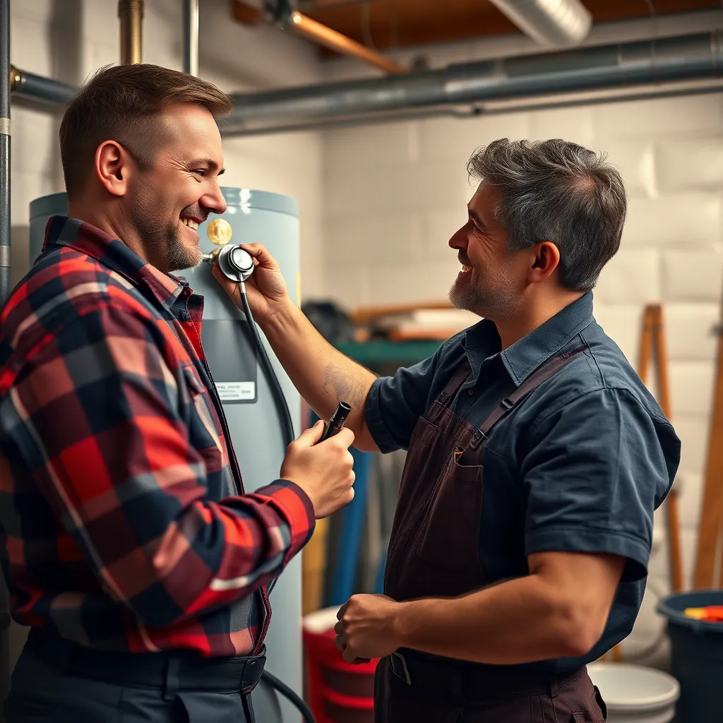 A photorealistic image of a smiling plumber inspecting a water heater with a stethoscope, while a homeowner looks on with a sense of relief and trust. The image should be set in a bright and clean basement with tools and equipment in the background, conveying a feeling of professional and thorough service.