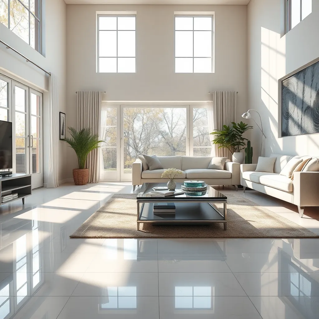 A photorealistic image of a spacious living room with sparkling clean floors, furniture, and windows. Sunlight streams through the windows, highlighting the dust-free surfaces. A cleaning professional is shown in the background, polishing a coffee table with a microfiber cloth.