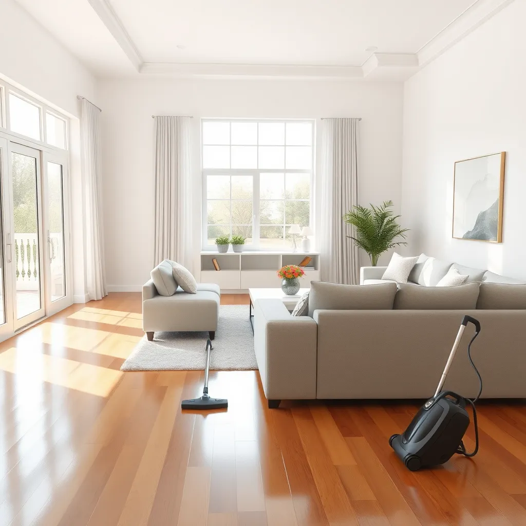 A photorealistic image of a spacious living room with sunlight streaming through large windows. The furniture is neatly arranged, gleaming white walls, and hardwood floors polished to a shine. A small vacuum cleaner sits tucked away in a corner, highlighting a clean and organized space.  The image should convey a sense of tranquility and sparkling cleanliness.