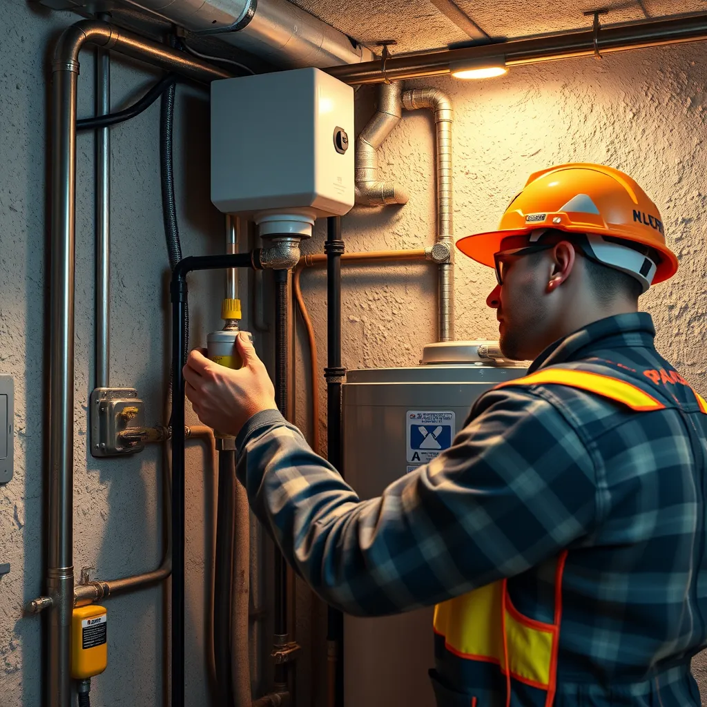 A plumber is installing a new water heater in a basement. The image should show the details of the installation process, including the pipes, wiring, and safety precautions. The plumber should be wearing safety gear and working with precision.