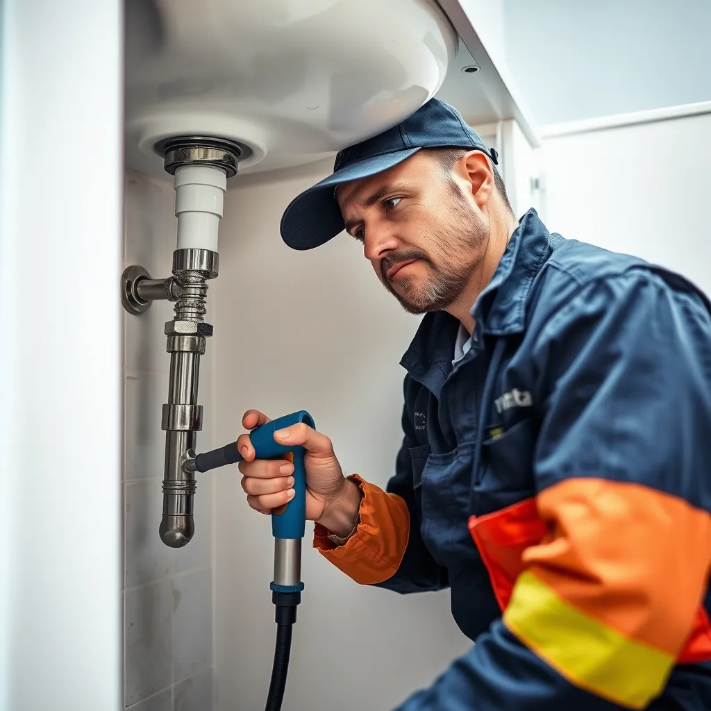A plumber wearing a uniform is using a specialized tool to inspect a leaking pipe under a kitchen sink. The image should highlight the professional nature of the service and the importance of timely leak detection and repair.