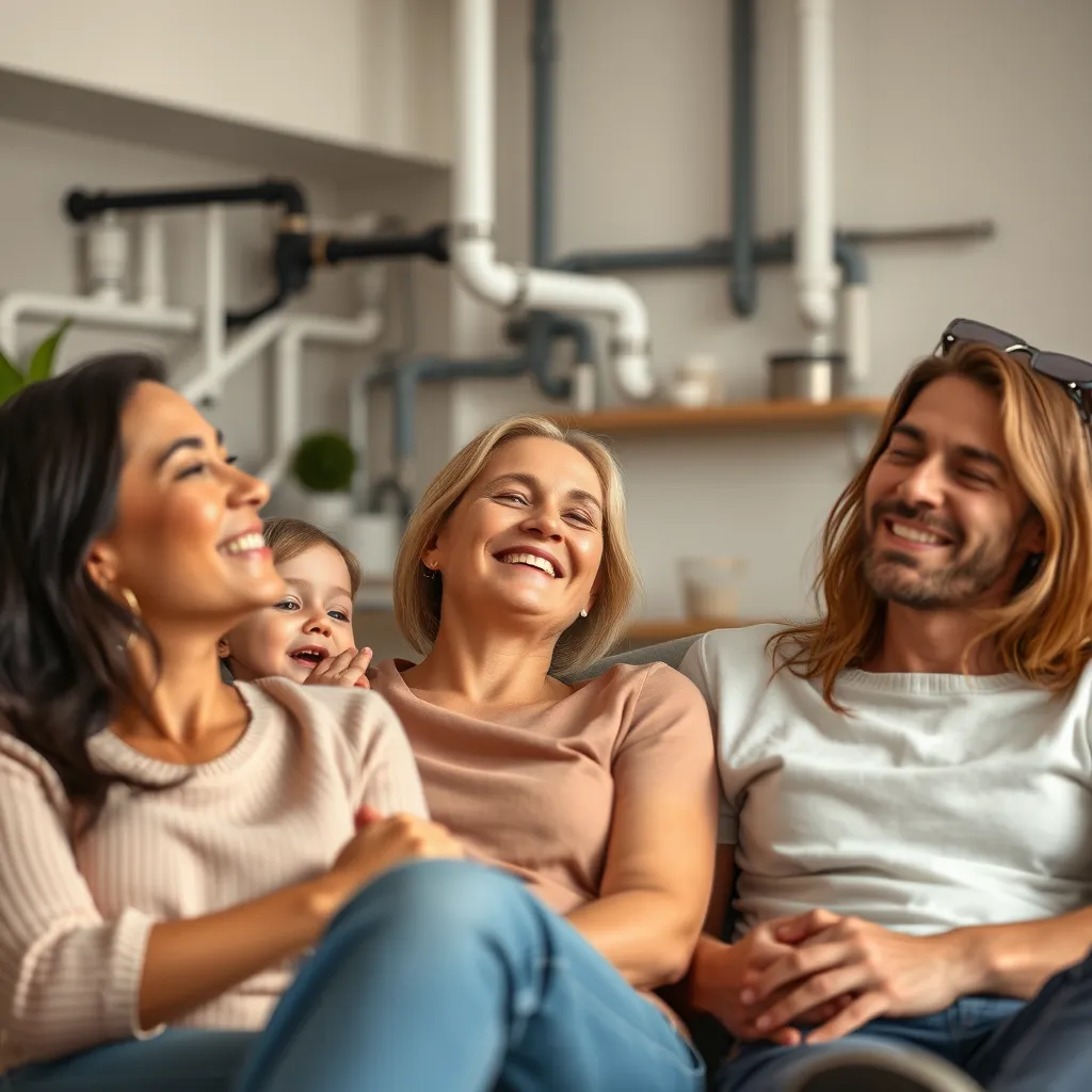 A smiling family enjoying a relaxing day in their living room, with the focus on a modern and clean plumbing system in the background. The image should convey a sense of peace and tranquility, highlighting the benefits of preventative maintenance.