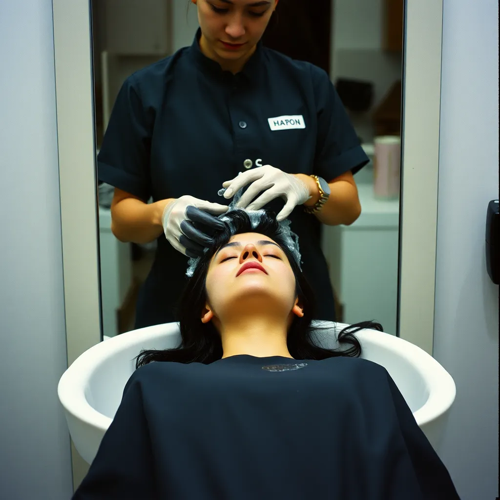  A serene image of a woman getting her hair washed in a luxurious salon. The scene should be filled with soft lighting, calming colors, and relaxing aromas. The woman should have a peaceful expression, highlighting the relaxing experience.