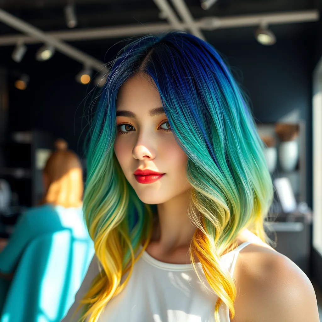 A stunning image of a person showcasing a beautiful and vibrant hair color transformation. The image should highlight the natural light reflecting off the new hair color, emphasizing the depth and shine. The salon setting should be present in the background, showcasing the tools used for color application and the expertise of the stylists.