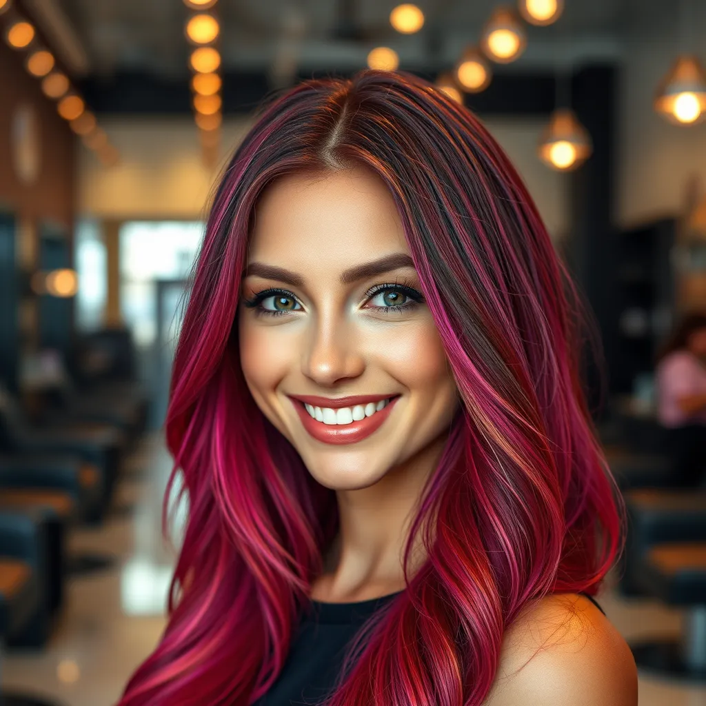  A stunning portrait of a woman with beautiful, vibrant hair color. She should be smiling and looking confident, showcasing the transformative power of hair color. The background should be a stylish salon setting, emphasizing a professional and inviting atmosphere.