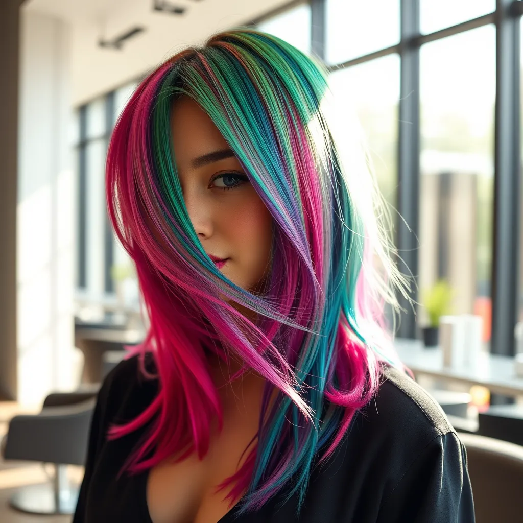A vibrant image showcasing a model with freshly dyed hair, featuring a bold color change. The image should capture the vibrancy of the color and the shine of the hair. The background should be a sleek and modern salon interior with natural light streaming through a large window.