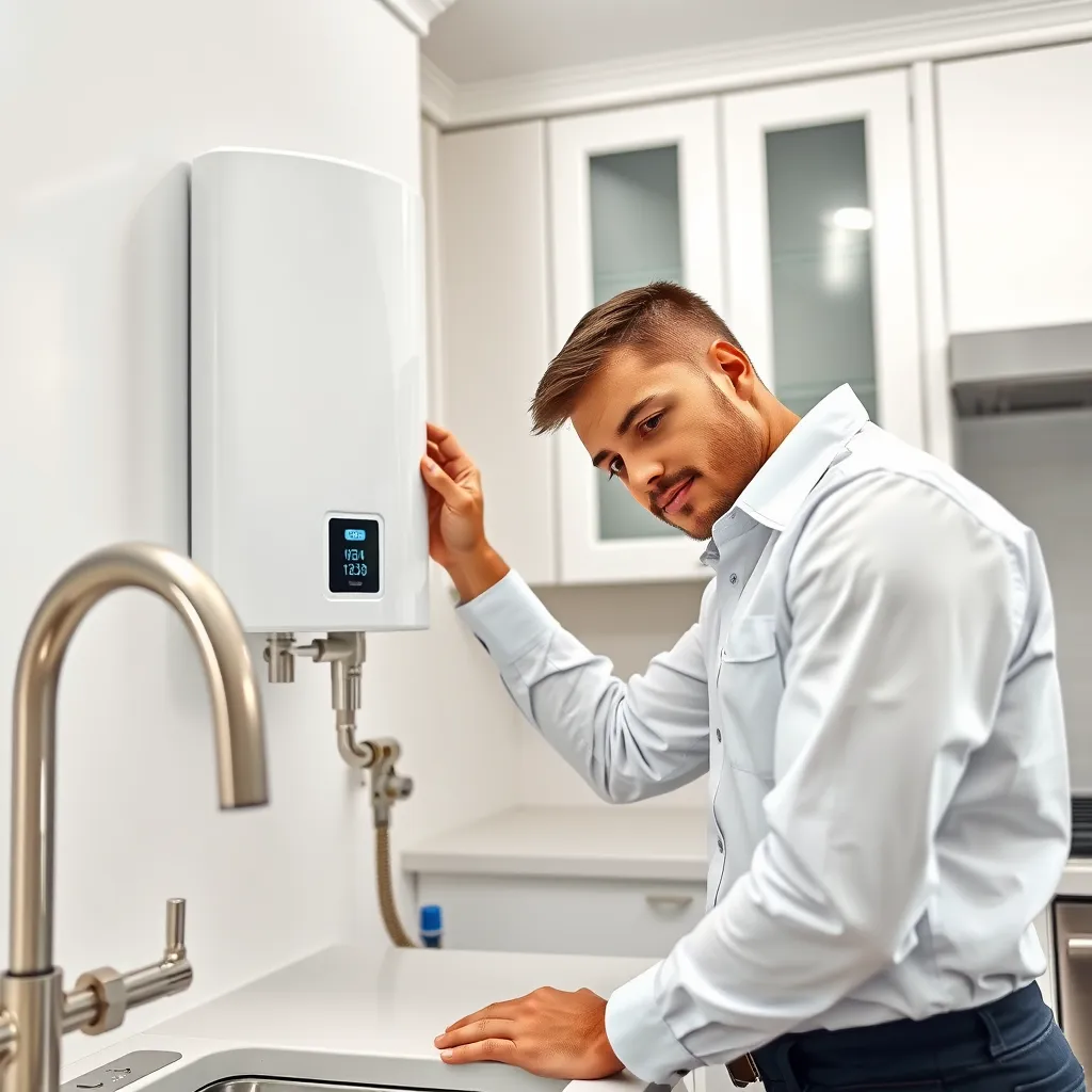 A visually striking, photorealistic image showcasing a professional plumber installing a new tankless water heater in a modern kitchen. The scene should have a clean, minimalist aesthetic with white cabinets and sleek stainless steel appliances. The plumber should be dressed in a clean, professional uniform, showcasing meticulous attention to detail during the installation process. The lighting should be bright and natural, highlighting the gleaming surfaces of the water heater and the plumber's tools. The camera angle should be at eye level, capturing the plumber's focused expression as he works with precision. The image should emphasize the high-quality materials and craftsmanship involved in the installation. The background should include a sleek, modern faucet and a minimalist countertop, complementing the contemporary style of the kitchen.
