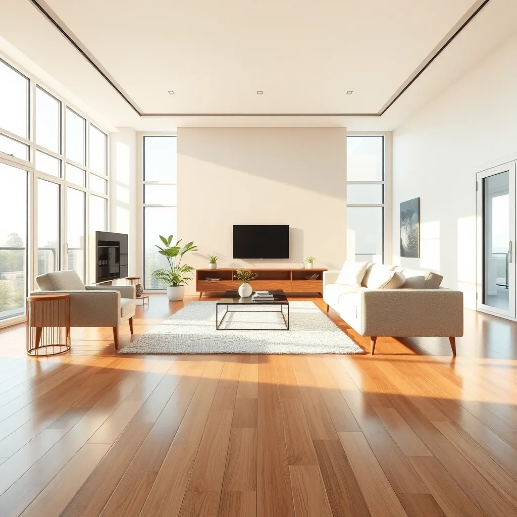 A wide-angle shot of a bright and airy living room, showcasing the meticulous cleaning done by Duwan Cleaning. The image should capture the essence of a modern, clean home, with gleaming hardwood floors, spotless furniture, and sparkling windows. The lighting should be soft and natural, emanating from large windows, casting warm highlights on the surfaces. The room should be styled with minimalist, elegant decor, emphasizing the cleanliness and order. The image should be in the style of a professional home décor magazine, showcasing the beauty and tranquility of a perfectly cleaned space. Render in hyperrealistic detail, with 8K resolution and a depth of field that blurs the background gently, focusing attention on the pristine details of the room.