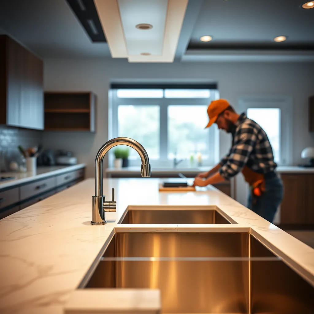 A wide shot of a kitchen with a newly installed stainless steel sink and faucet, showcasing the modern and sleek design. The image should also show the plumber working on the installation, demonstrating the quality and precision of the service.