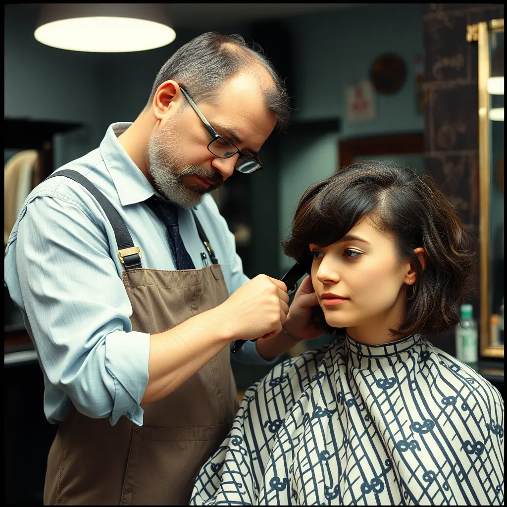  A close-up photo of a stylist's hands expertly cutting hair. The scene should be in a well-lit, modern salon with sleek equipment. The stylist should have a confident and focused expression, showcasing their expertise.