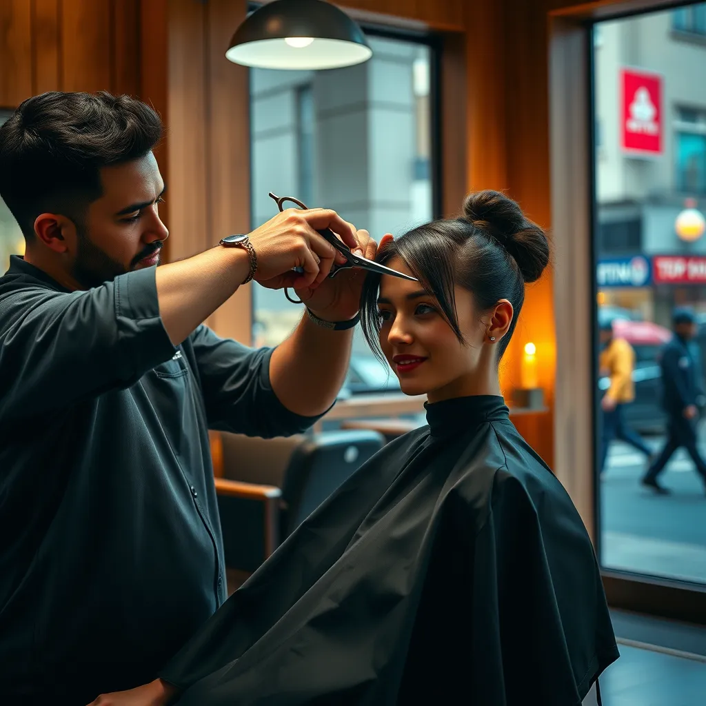 Generate an ultra-realistic 8K resolution image depicting a modern, inviting barber shop interior. The image should showcase a skilled barber, with 29 years of experience, expertly cutting a client's hair.  The client should be a young, stylish woman, looking satisfied and relaxed in the chair.  The lighting should be warm and natural, with a soft glow emanating from a window in the background, casting subtle shadows across the shop.  The color palette should be earthy and neutral, with a touch of warmth, reflecting the wood-paneled walls, plush leather seating, and a modern, minimalist design.  Focus on the barber's hands skillfully wielding shears and comb, emphasizing the precision and artistry of the cut.  Include a  small, tasteful display of hair products on a nearby shelf.  In the background, hint at a busy bustling street outside, suggesting the shop is located in a vibrant urban setting.  The camera angle should be slightly elevated, creating a sense of intimacy and perspective.  The image should have a clean, polished aesthetic, with sharp, well-defined details, highlighting the professional and high-quality service offered by Top Hair Saloon., ultra high resolution, photorealistic, 8K, hyperdetailed, cinematic lighting
