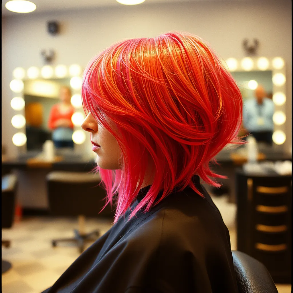 An ultra-detailed, hyperrealistic image showcasing a hairstylist applying hair color to a woman's hair.  The scene is set in a modern salon with sleek white furniture and large windows.  The lighting is bright and natural, highlighting the vibrant colors of the hair dye and the woman's glowing complexion.  The hairstylist is wearing a stylish black outfit and using professional tools, such as a color brush and bowl.  The image should emphasize the precision and artistry involved in the hair coloring process.  The hair color is a beautiful shade of auburn, complementing the woman's skin tone and eye color.  The image should evoke a feeling of confidence and beauty.