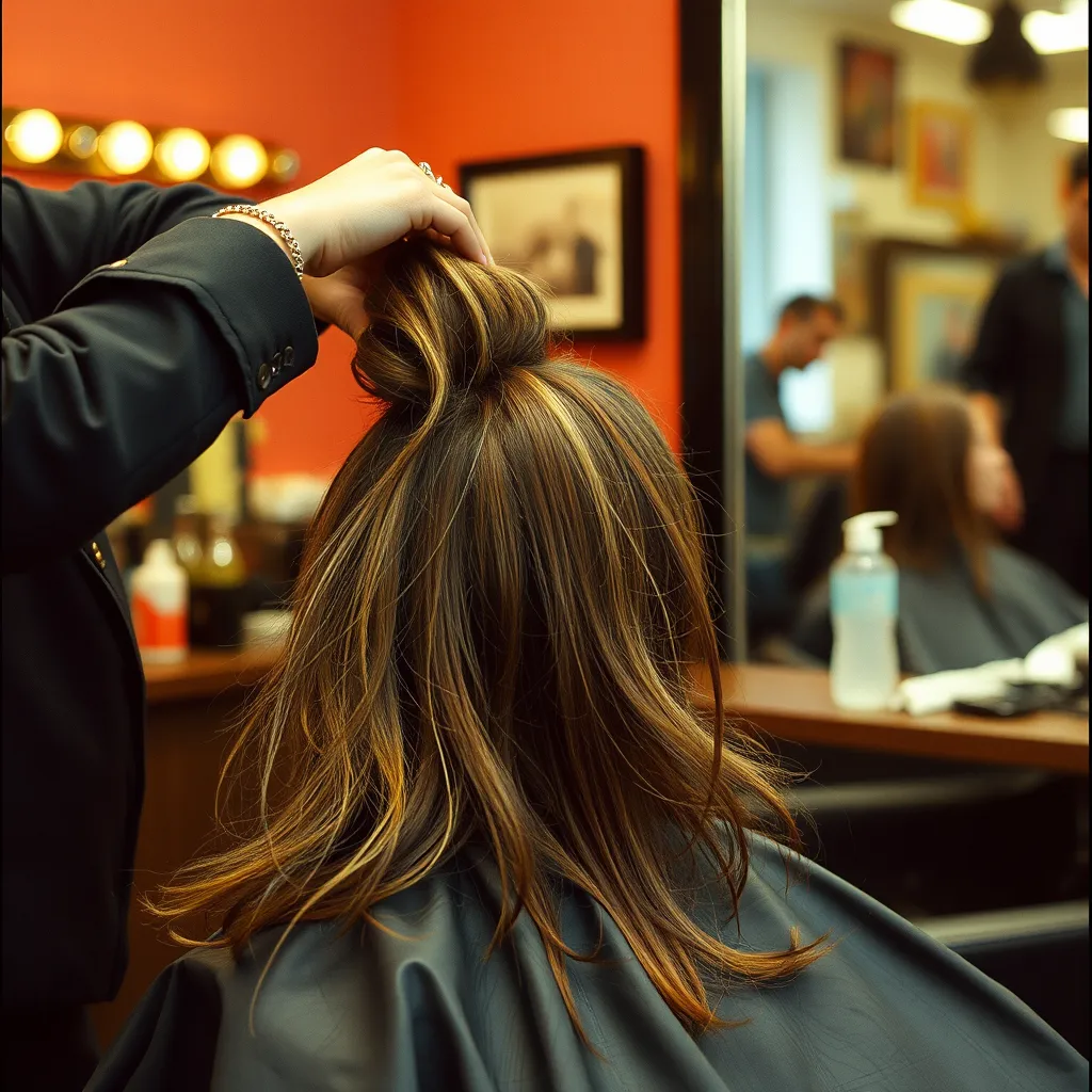A close-up, photorealistic image capturing the moment a hairstylist finishes straightening a woman's long, wavy hair.  The scene is bathed in soft, diffused light, creating a halo effect around the woman's hair.  The hairstylist is using a high-quality flat iron, gliding it effortlessly through the strands.  The woman's hair is perfectly straight and glossy, with a healthy shine.  The image should emphasize the smooth, silky texture of the straightened hair.  The background is blurred and out of focus, allowing the woman's hair to be the central focus.  The image should evoke a sense of luxury and effortless beauty.
