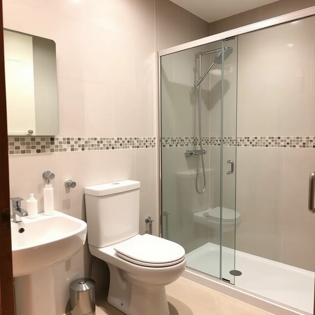 A photorealistic image of a modern bathroom with gleaming chrome faucets, a sleek showerhead, and a pristine white toilet, all connected to visible plumbing pipes. The image should convey a sense of functionality and sophistication.