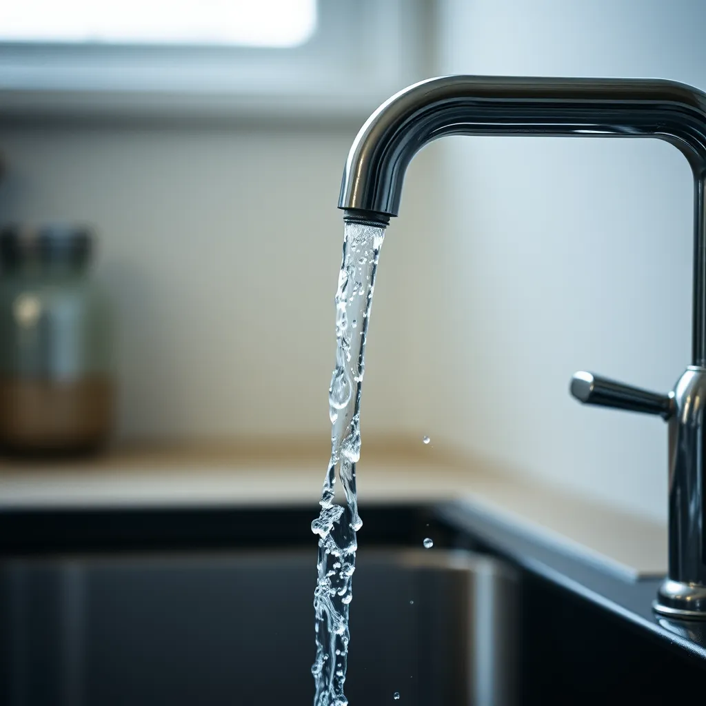 A close-up shot of a modern kitchen sink with a sleek chrome faucet. The sink is filled with sparkling clean water and there is a subtle reflection of the surrounding kitchen in the water. The image should have a professional and elegant aesthetic.