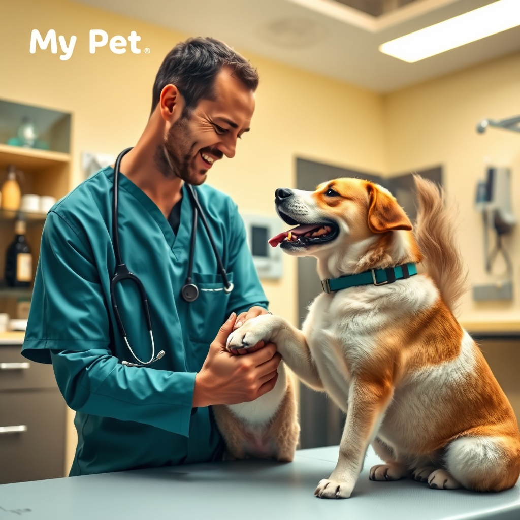 A 4K, high-quality image portraying the "My Pet" company mission: "Cuidamos do seu pet querido." The scene shows a warm, loving interaction between a veterinarian/pet groomer, and a happy dog. The professional is gently petting the dog, both of them gazing at each other with affection. The background is a modern, clean veterinary clinic/grooming salon with state-of-the-art equipment subtly visible. The color palette is warm and inviting, featuring soft yellows, greens, and blues. The lighting is soft and natural, highlighting the bond between the pet and the professional. The camera angle is slightly low, emphasizing the connection between them. Include subtle props like a stethoscope around the veterinarian's neck, grooming tools neatly arranged, and a comfortable examination table. The overall style should be heartwarming and reassuring. Photorealistic, high quality, 4k resolution.