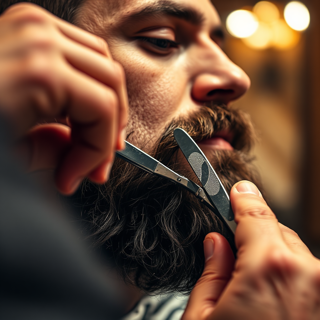 A close-up image of a barber using a straight razor to trim a client's beard. Focus on the barber's steady hand and the sharpness of the razor. The background should be blurred, hinting at a luxurious barber shop environment. The lighting is warm and inviting, highlighting the texture of the beard.