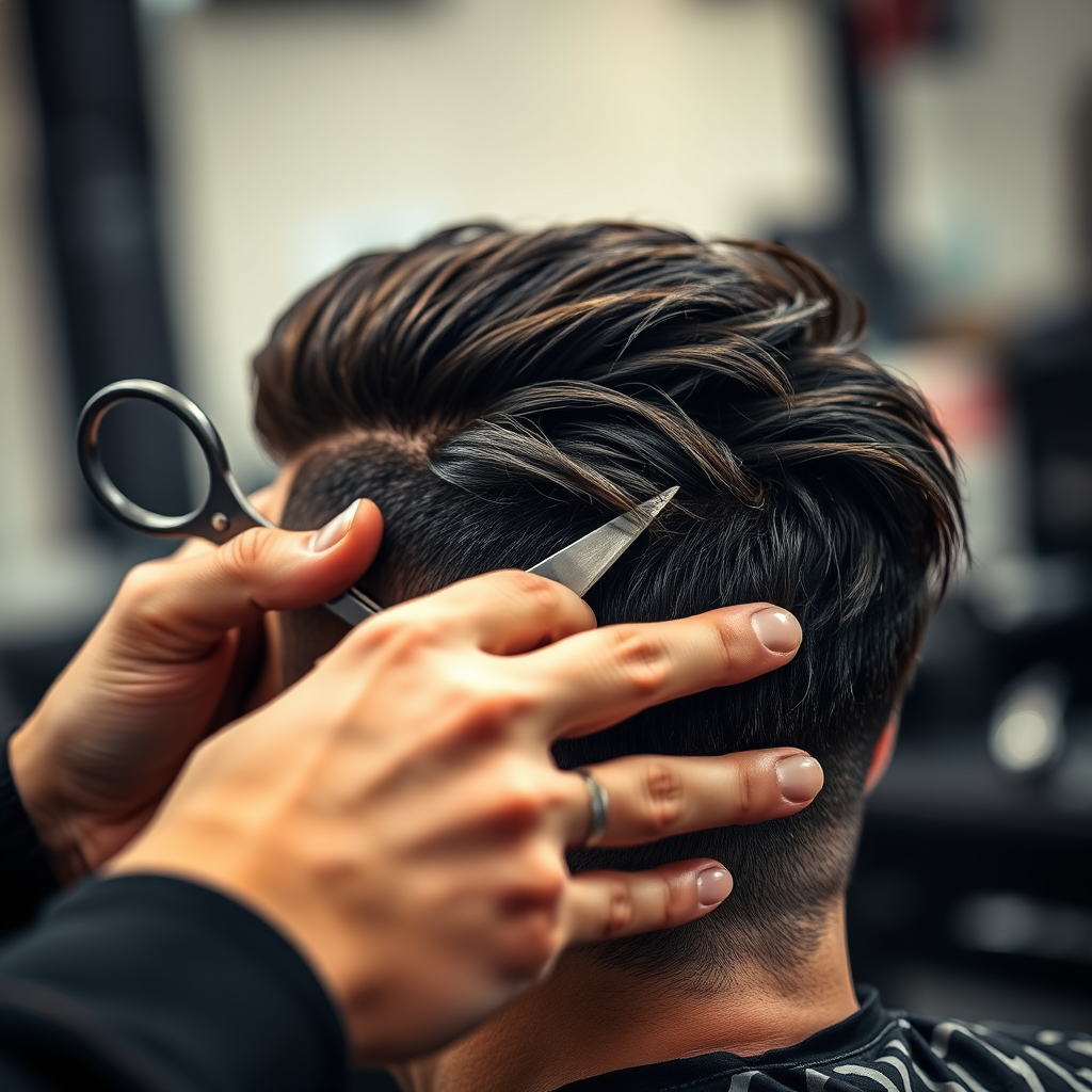 A close-up image showcasing a skilled barber meticulously cutting a client's hair with scissors. Focus on the barber's hands and the precision of the cut. The background should be blurred, hinting at a modern barber shop environment. The lighting is soft and diffused, highlighting the texture of the hair.