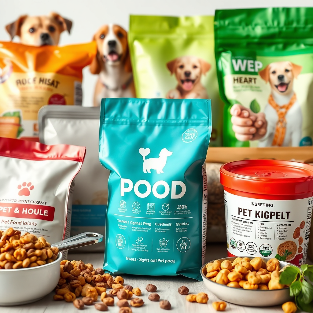 A close-up shot of a variety of high-quality pet food options (dry kibble, wet food, treats) displayed in an organized and appealing manner. The focus should be on the ingredients and nutritional information. Use bright, natural lighting to showcase the colors and textures of the food. Include relevant props such as measuring cups, serving bowls, and ingredient labels. The overall style should be clean, modern, and informative, emphasizing the health benefits of the food. Consider including images of happy, healthy pets enjoying the food in the background. Photorealistic, focus on texture and detail, natural lighting.