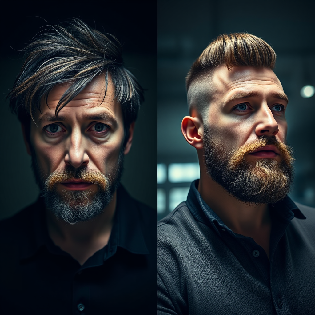 A diptych image, 4K resolution. On one side, a man with unkempt hair and a messy beard looking uncertain. On the other side, the same man with a sharp haircut and well-groomed beard looking confident and self-assured. The lighting on the first side is dim and unflattering, while the lighting on the second side is bright and flattering. The contrast between the two images should be striking, highlighting the transformative power of grooming. The style is photorealistic and impactful.