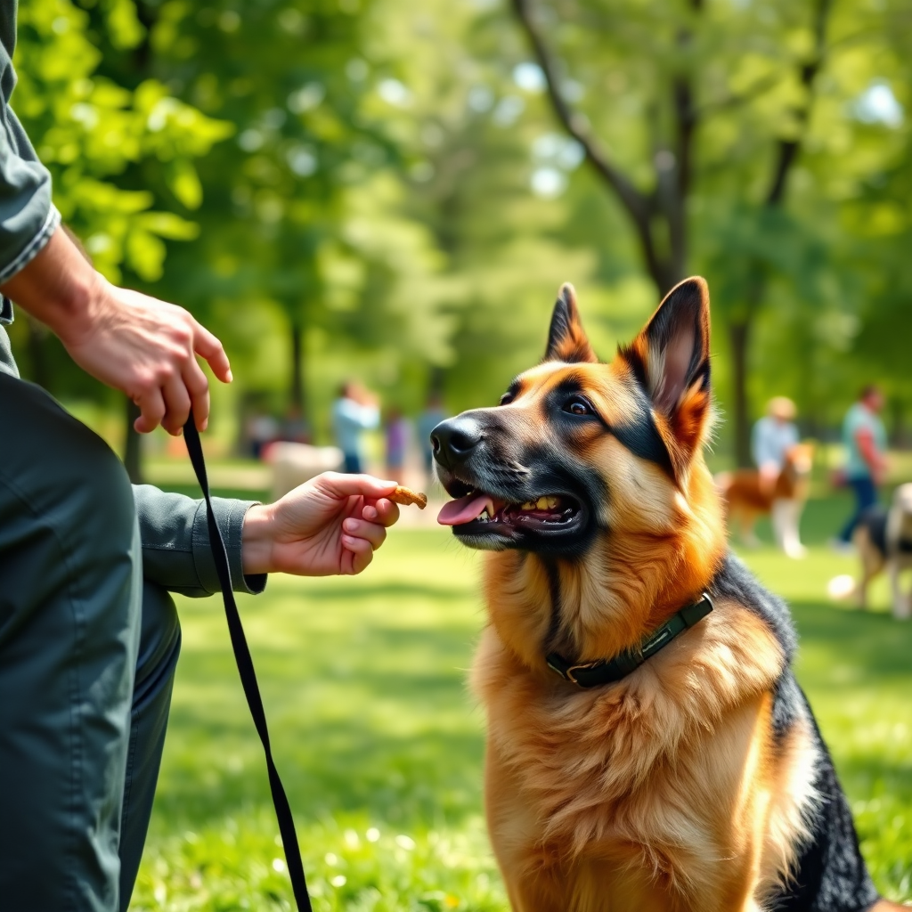 A dog trainer interacting with a well-behaved German Shepherd in a park setting. The trainer is using positive reinforcement techniques, such as rewarding the dog with treats and praise. The dog is focused and attentive. The background is a lush green park with other dogs and people in the distance. The lighting is bright and sunny. The camera angle is slightly low, emphasizing the bond between the trainer and the dog. The overall style should be encouraging and professional. Photorealistic, 4k resolution.