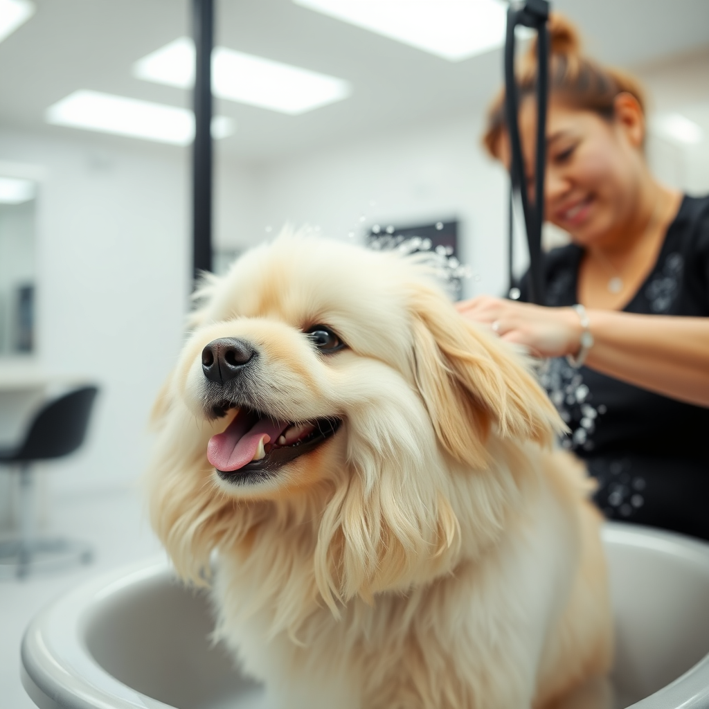 A fluffy dog getting a bath in a grooming salon. The groomer is gently washing the dog, and the dog is enjoying the experience. Clean, modern grooming salon setting. Soft, diffused light.