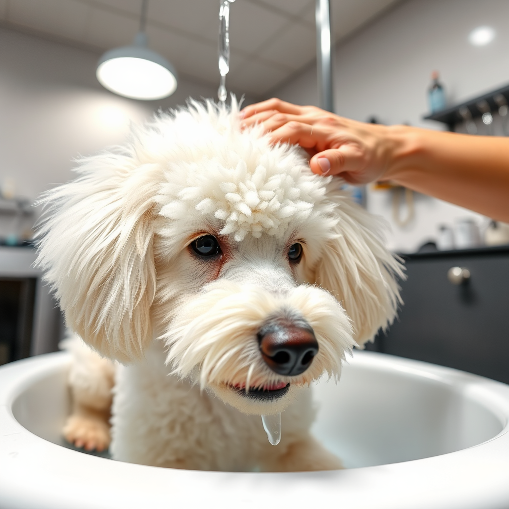 A fluffy white poodle getting a bath in a professional grooming salon. The groomer is gently washing the dog with a shampoo, the dog looks relaxed and happy. The background is clean and modern, with grooming tools and equipment neatly arranged. Soft, diffused lighting. The camera angle is slightly low, emphasizing the bond between the groomer and the dog. The overall style should be caring and professional. Photorealistic, 4k resolution, close up on the dog’s face.
