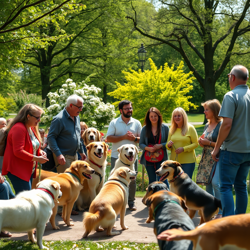 A group of pet owners and their dogs gathered in a park for a social event. The owners are interacting with each other and their dogs, and everyone is having a good time. The background is a lush green park with trees and flowers. The lighting is bright and sunny. The camera angle is slightly high, providing a comprehensive view of the group. The overall style should be friendly and welcoming. Photorealistic, 4k resolution.