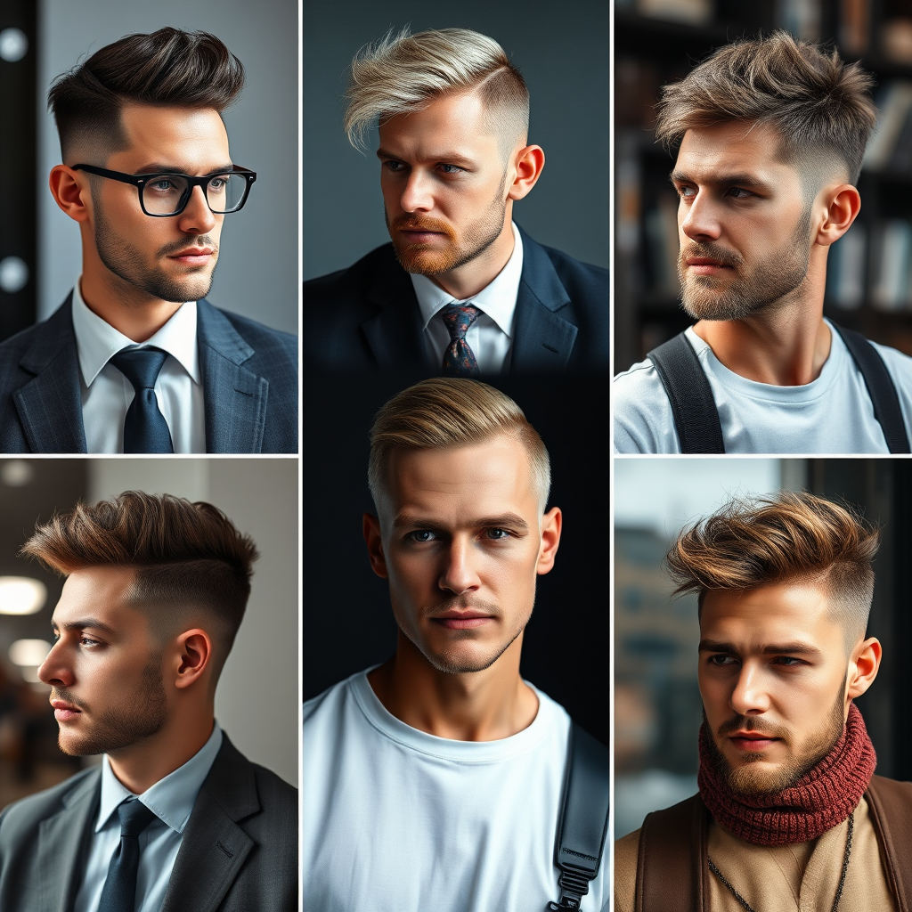 A montage image, 4k resolution. Displaying different hairstyles – from classic fades to modern textured cuts – are shown in action. One might feature a businessman in a suit, another an artist in a studio, another a traveler in a foreign country, all showcasing hairstyles fitting their persona. The lighting and backgrounds should complement the individuals and their environments. The overall message is that a haircut is an expression of individual character and lifestyle.
