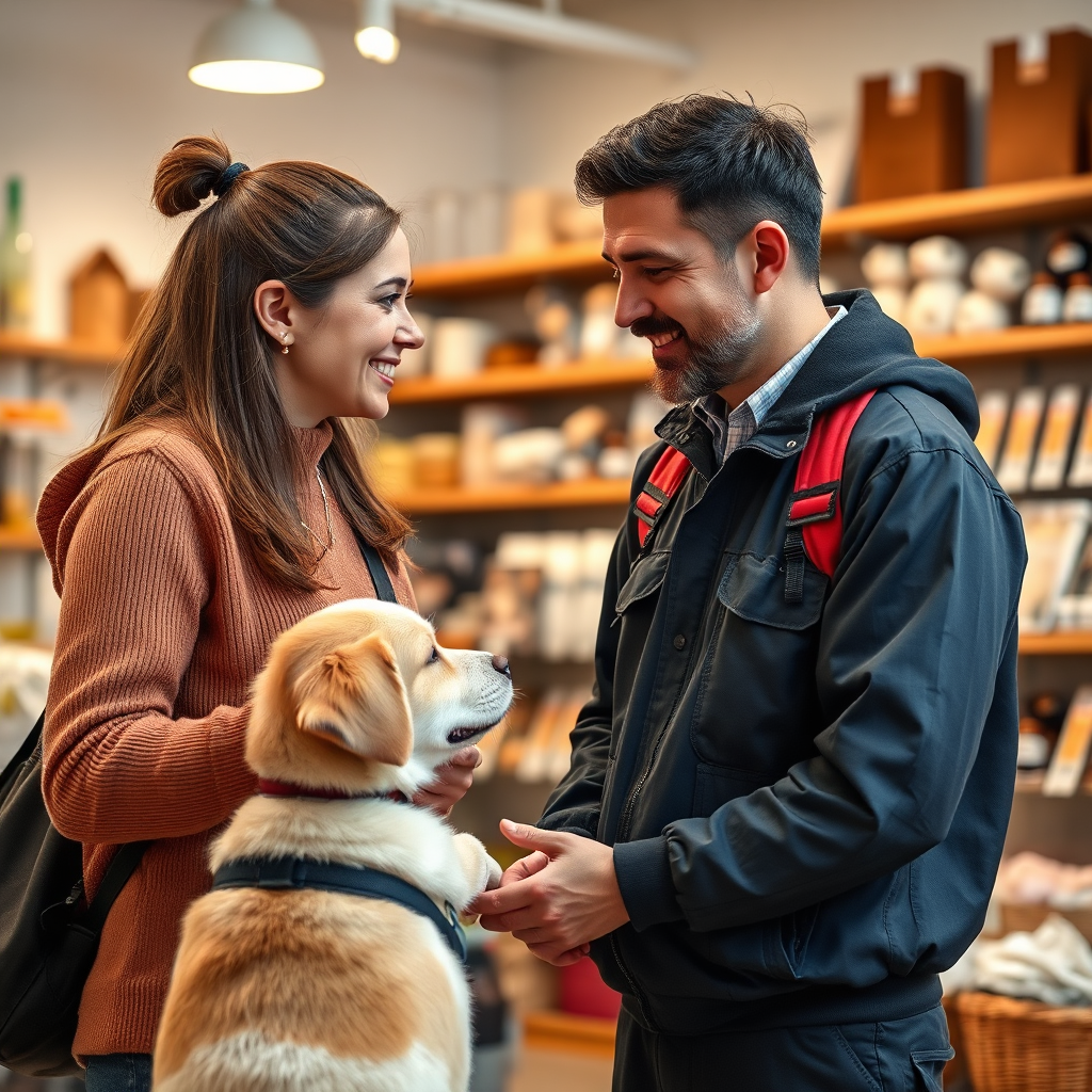 A pet shop employee providing personalized advice to a customer about pet care. The employee is knowledgeable and friendly, and the customer is engaged and attentive. The background is a clean and well-organized pet shop. The lighting is warm and inviting. The camera angle is slightly low, emphasizing the connection between the employee and the customer. The overall style should be helpful and informative. Photorealistic, 4k resolution.