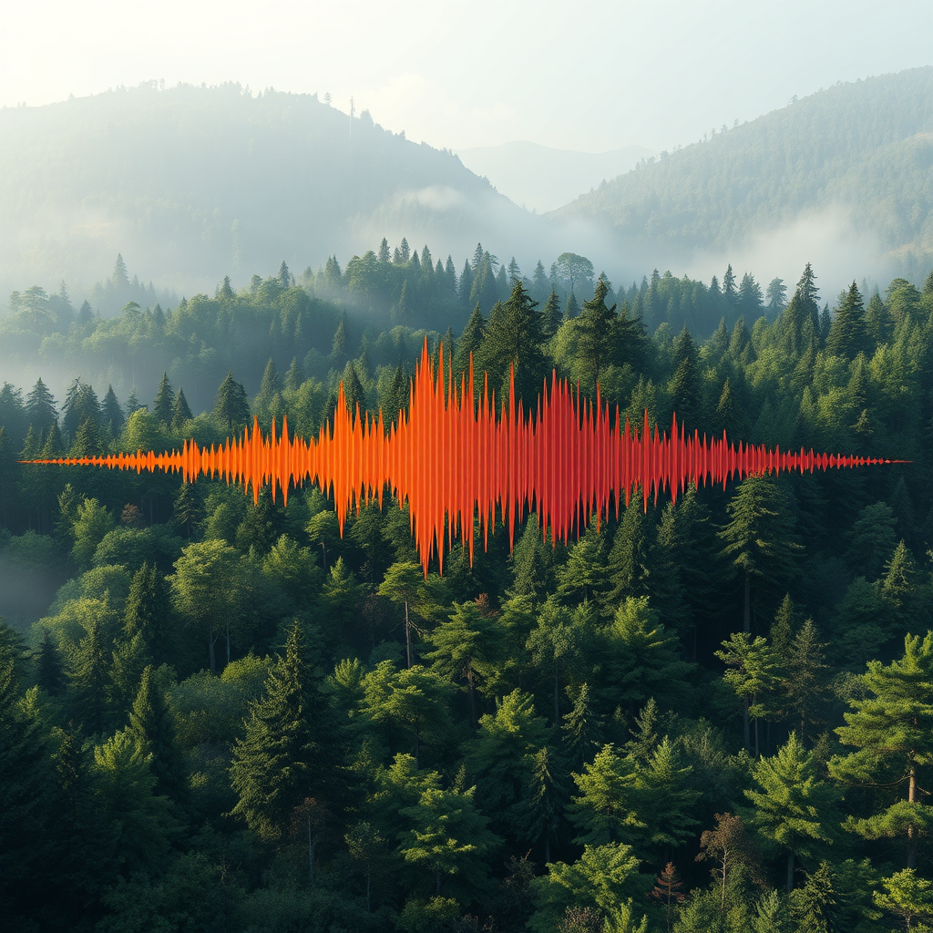 A photorealistic image of a sound wave transforming into a lush forest landscape. The sound wave should be vibrant and colorful, while the forest should be tranquil and serene. Soft, natural lighting. The overall effect should be surreal and dreamlike. Focus on creating a sense of wonder and exploration. Technical specs: 4K resolution, photorealistic.