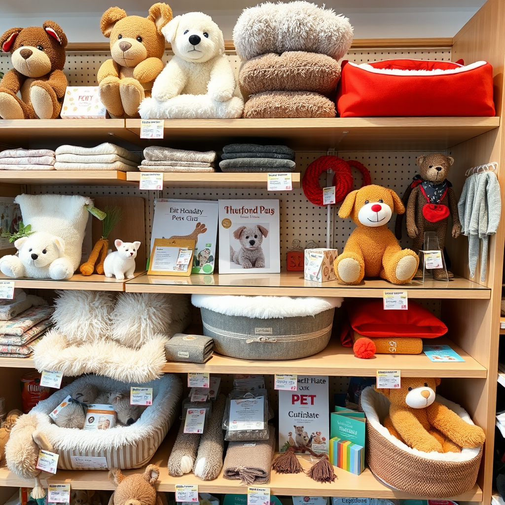 A shelf displaying a variety of high-quality pet products, including comfortable beds, toys, and accessories. The products are arranged in an organized and appealing manner. The lighting is bright and inviting. The camera angle is slightly high, providing a comprehensive view of the products. Include props such as price tags, product descriptions, and promotional materials. The overall style should be modern and stylish. Photorealistic, 4k resolution.