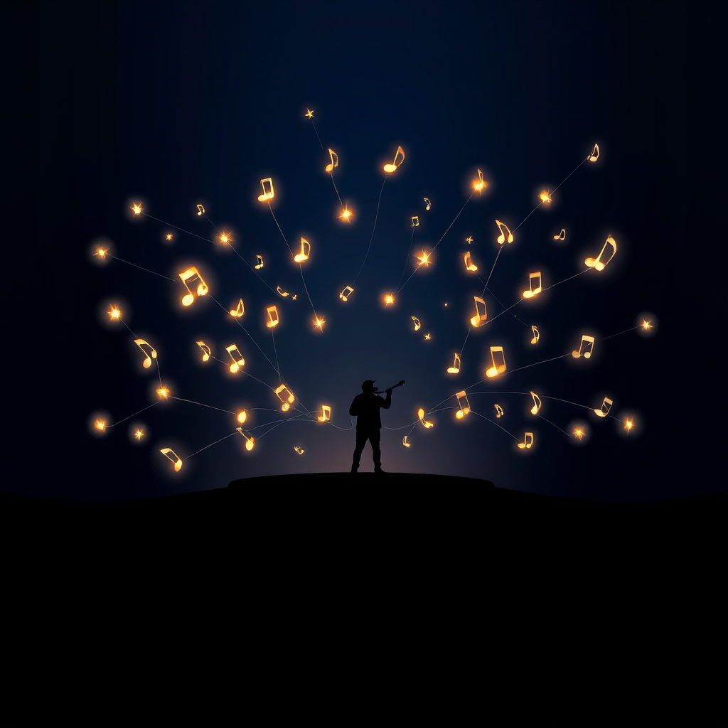 A stylized image depicting a constellation of stars forming musical notes, connected by glowing lines. In the center, a silhouette of a musician performing on stage. Background should be a deep, dark blue, resembling a night sky. The overall feel should be mystical and inspiring. Focus on creating a sense of vastness and possibility. Technical specs: 4K resolution, stylized.