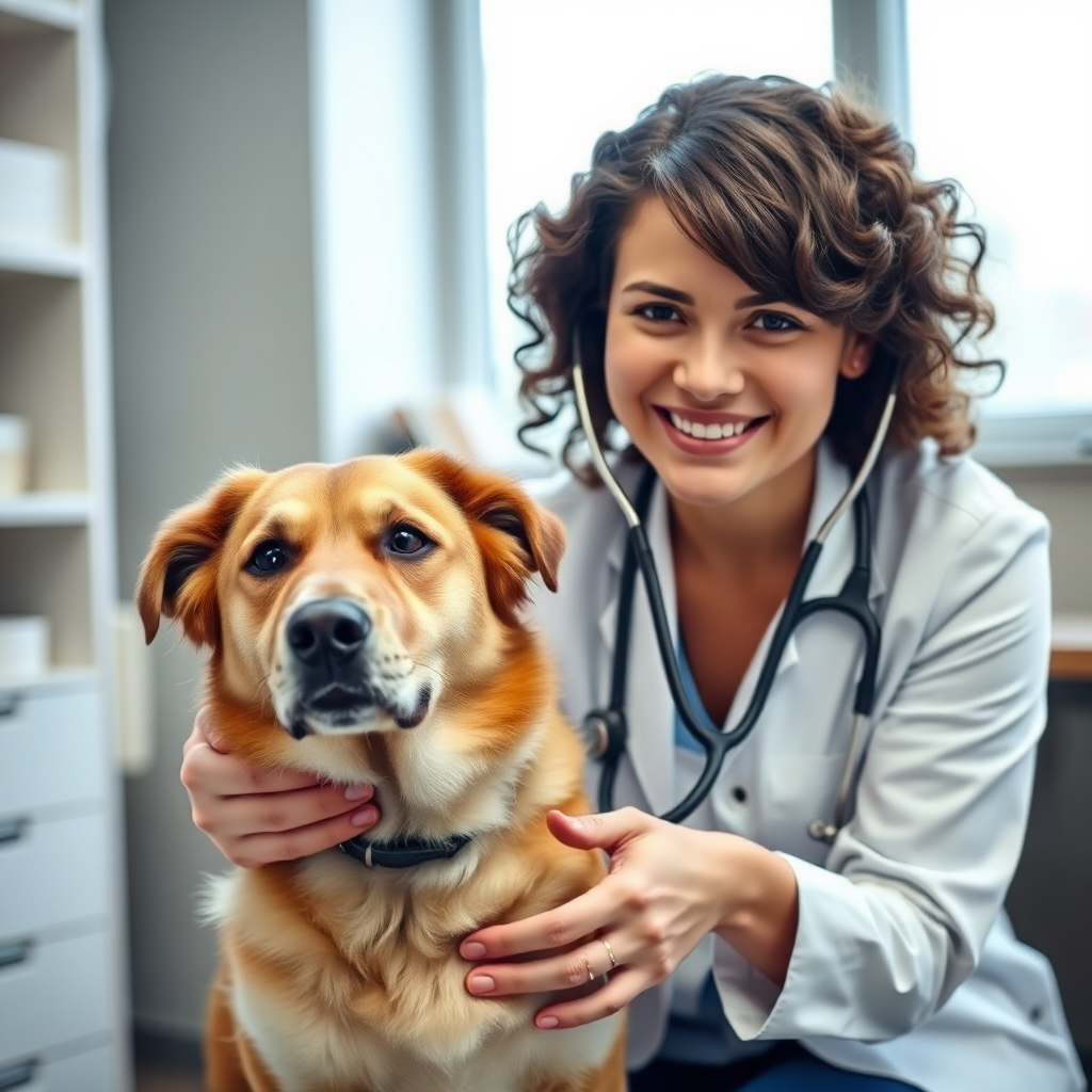 A veterinarian examining a dog with a stethoscope. The vet has a friendly, reassuring expression. The dog is calm and relaxed. Modern veterinary clinic setting. Soft, natural light.