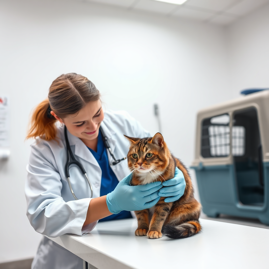A veterinarian gently examining a cat on an examination table. The vet is wearing a stethoscope and has a kind, reassuring expression. The cat appears calm and comfortable. The background is a clean and modern veterinary clinic. Soft, diffused lighting. The camera angle is slightly low, emphasizing the connection between the vet and the cat. Include props such as medical instruments, vaccination records, and a pet carrier. The overall style should be caring and professional. Photorealistic, 4k resolution.
