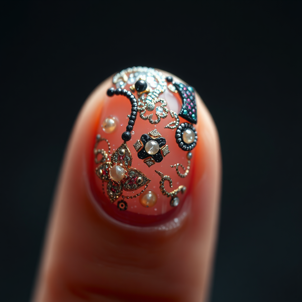 An extreme close-up shot of a single fingernail adorned with incredibly detailed and intricate nail art. The design features a combination of micro-beads, shimmering glitter, and hand-painted patterns. The lighting is focused and precise, highlighting the minute details and textures. The background is blurred to emphasize the focal point. The camera angle is extremely close, capturing every facet of the nail art. Style reference: macro beauty photography. Technical specs: 4K resolution, hyperrealistic rendering.