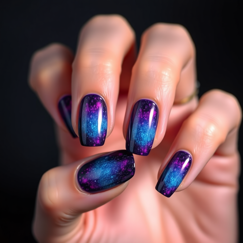 An image showcasing a hand with nails that feature a gradient color effect transitioning from deep blues to vibrant purples, reflecting the 'galaxy' nail art trend. The lighting is soft and ethereal, with subtle highlights emphasizing the shimmer and depth of the gradient. The background is dark and blurred, creating a sense of cosmic wonder. The camera angle is a close-up, capturing the intricate details of the gradient effect. Style reference: trendy nail art photography. Technical specs: 4K resolution, high-quality rendering.