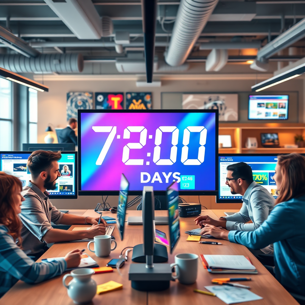 Capture a dynamic and modern office environment where a team of skilled web designers is collaborating intensely but happily around multiple computer screens displaying vibrant website designs. The scene focuses on a large digital clock prominently showing '72:00:00' (representing 3 days). Emphasize speed and efficiency through subtle visual cues like blurred motion in the background. The color palette should be bright and energetic, with blues, greens, and oranges dominating. Lighting should be a mix of natural and artificial, creating a warm and inviting atmosphere. Use a wide-angle lens to capture the entire team and the sense of urgency. Props should include coffee cups, design mockups, and sticky notes with website sketches. Style should be hyperrealistic, similar to a high-end advertising campaign. 8K resolution, ultra-detailed, photorealistic.