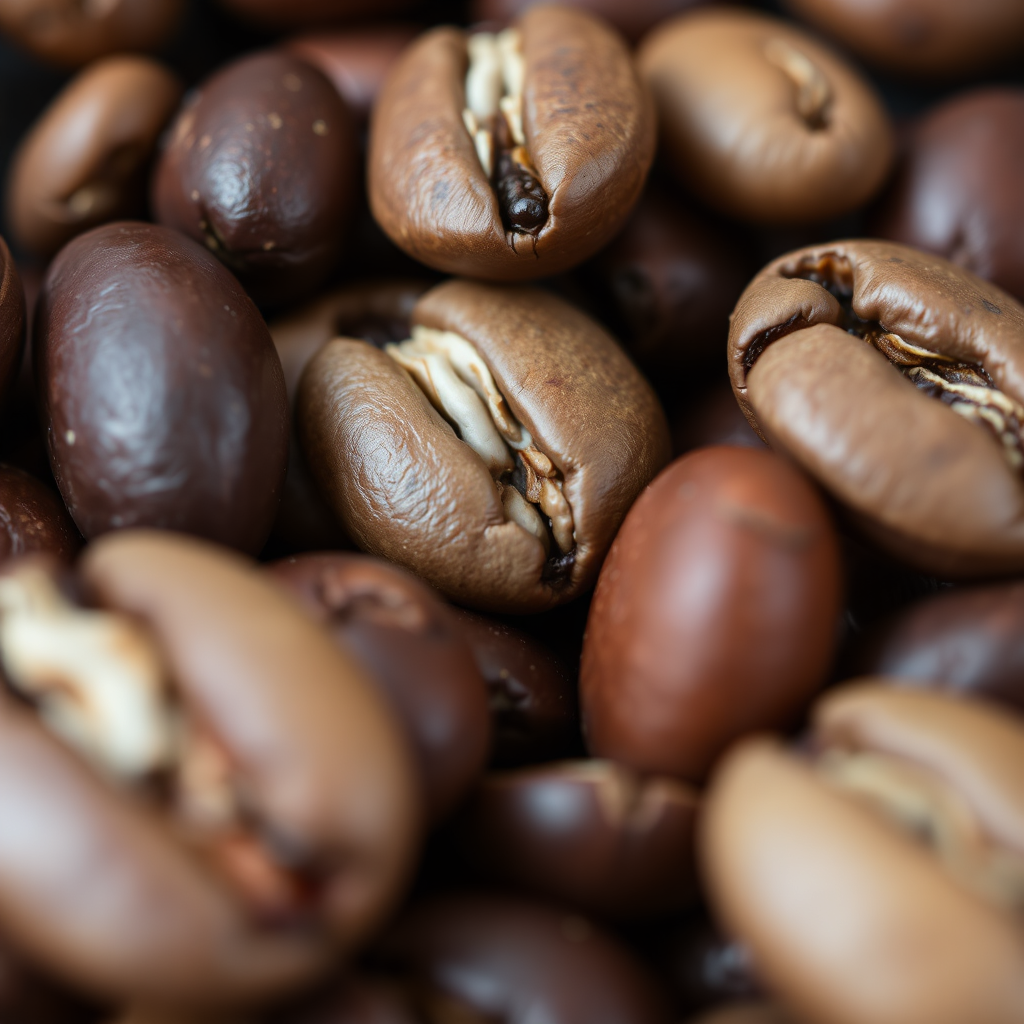Create a close-up image of a variety of coffee beans, showcasing different colors and textures. Arrange the beans artfully to create a visually appealing composition. Use shallow depth of field to emphasize the details of the beans.