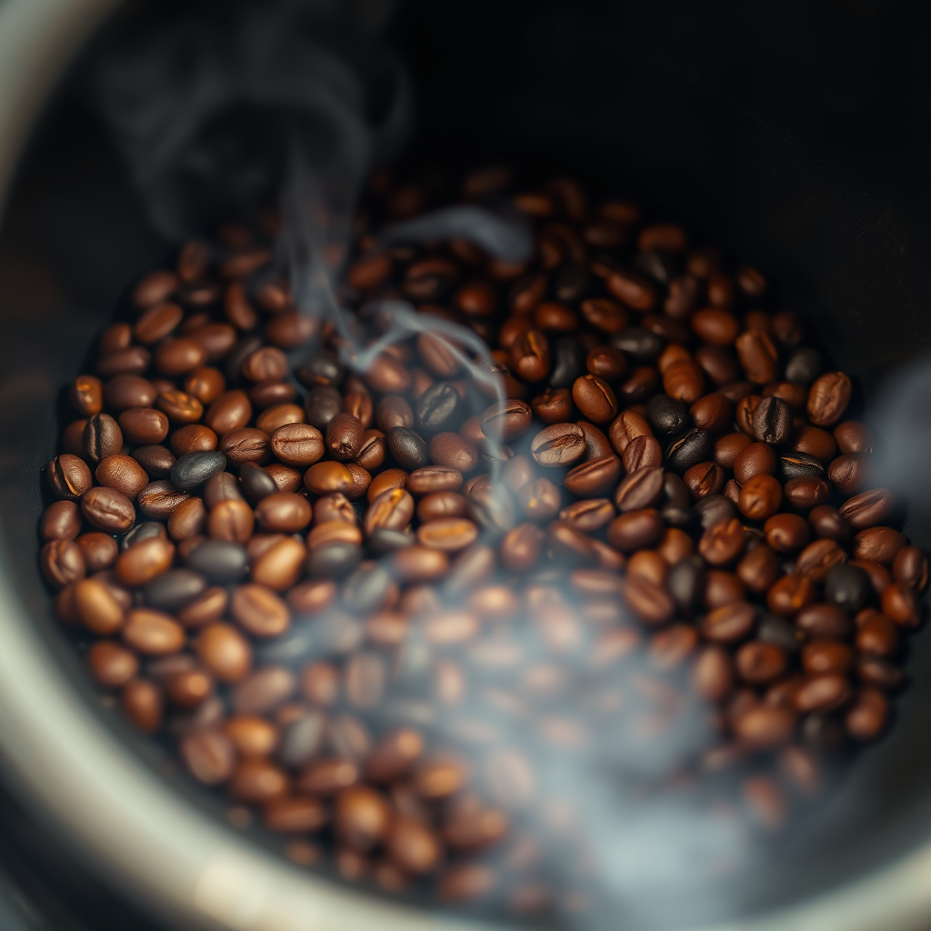Create a photorealistic image of coffee beans being roasted in a small-batch roaster. Focus on the beans as they transform in color, with a hint of smoke and heat. The background should be a dimly lit roasting room. Emphasize the craft and precision of the roasting process.