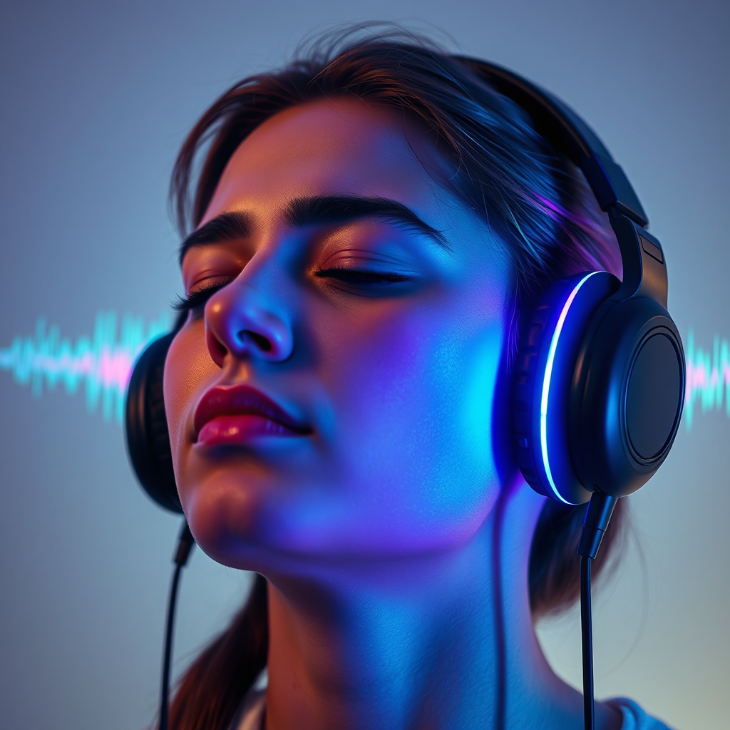 Create a photorealistic image of a person wearing headphones, eyes closed, completely immersed in music. Soundwaves visualized as colorful, glowing lines emanating from the headphones, surrounding the person's head. Soft, diffused lighting to emphasize the feeling of tranquility and absorption. Colors should be vibrant yet calming, such as deep blues, purples, and greens. Close-up shot, focusing on the person's face and the soundwave effects. Technical specs: 4K resolution, photorealistic.