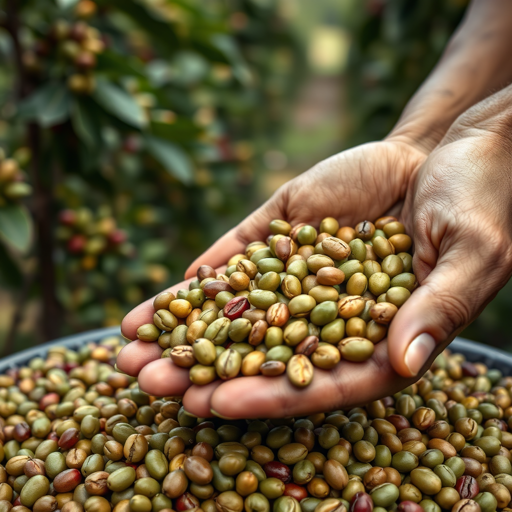 Create a photorealistic image of raw green coffee beans being sorted by hand. The scene should highlight the different colors and textures of the beans, with a focus on quality control. The background should be a blurred coffee plantation. Capture the essence of meticulous selection and dedication to quality.