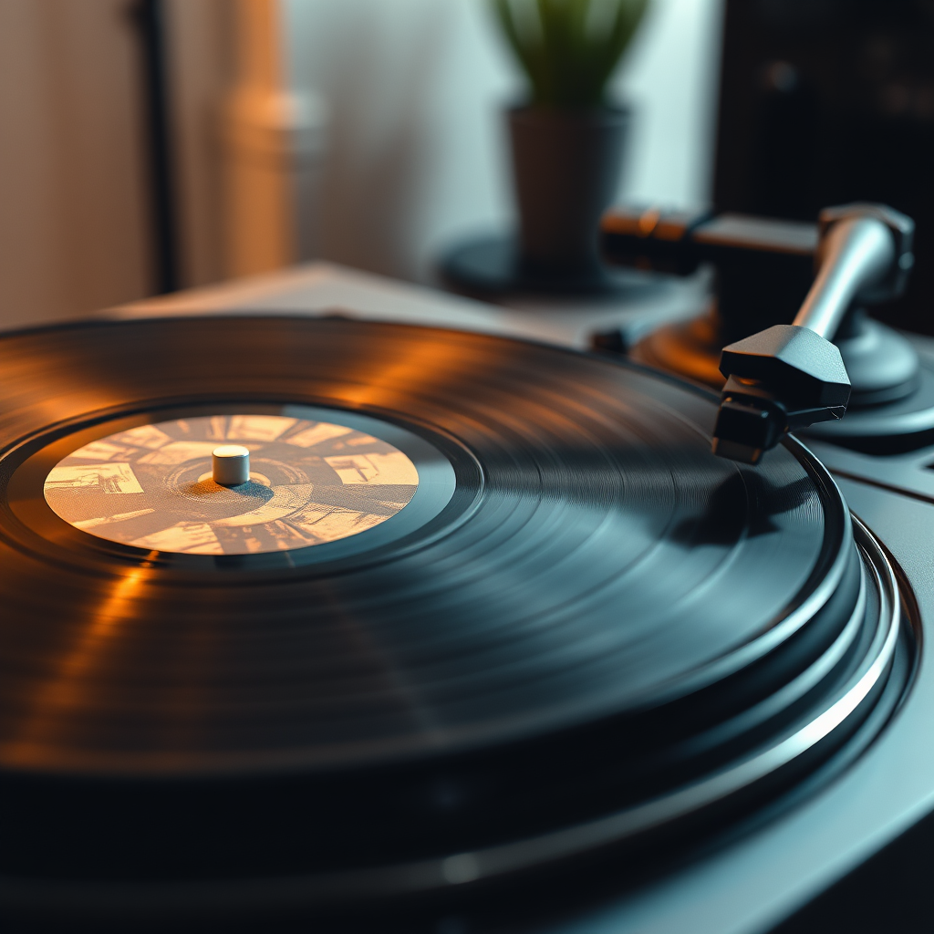 Create a photorealistic image of a vinyl record spinning on a turntable, with a close-up on the label. The label should be designed with abstract indie art. Soft, warm lighting to create a vintage feel. The background should be blurred, suggesting a cozy listening room. Focus on texture and detail. Colors should be earthy and muted. Technical specs: 4K resolution, photorealistic.