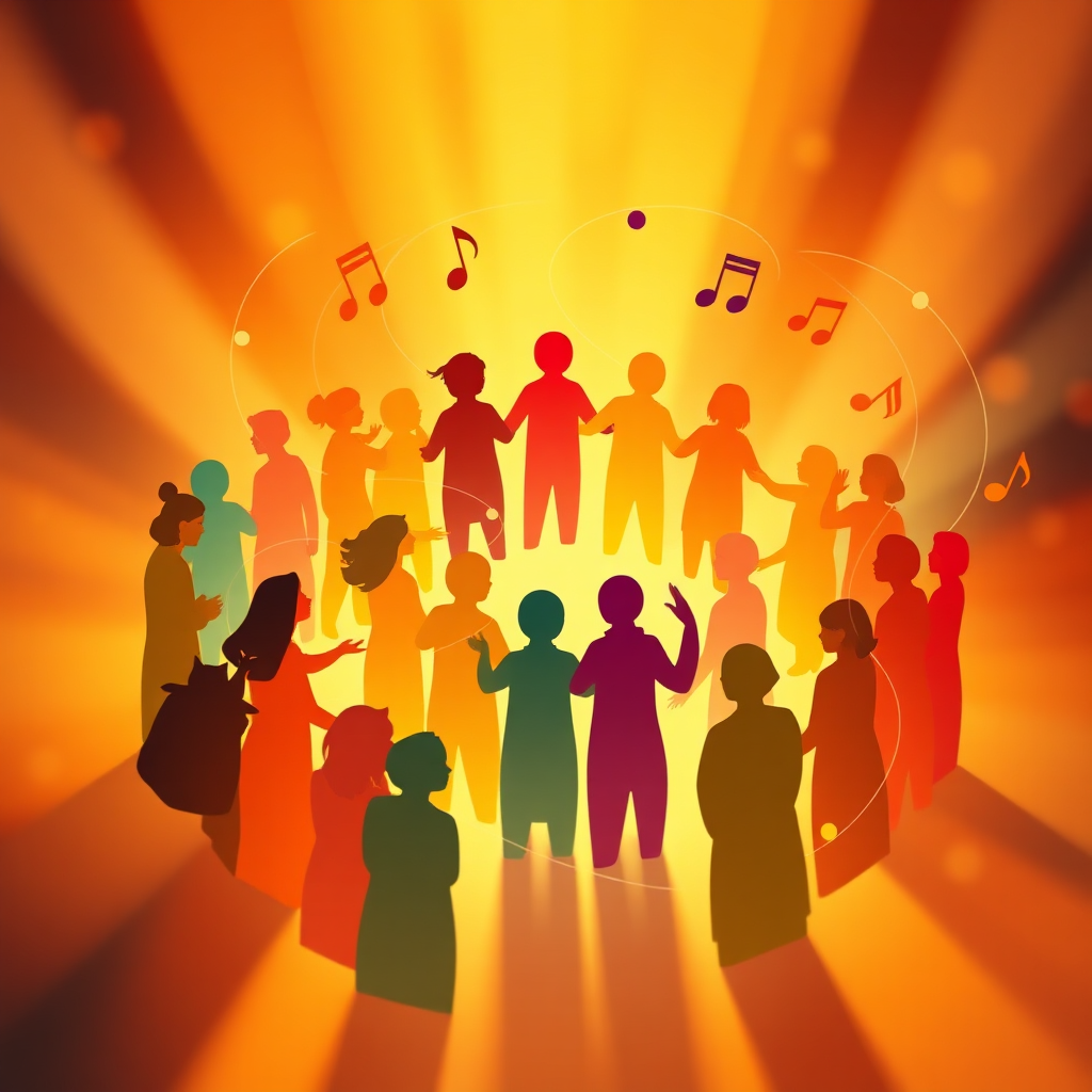 Create a stylized image representing the essence of Setruah's mission: connecting people through music. The image should feature a diverse group of people, stylized as colorful silhouettes, connected by flowing lines of light representing musical notes and sound waves. The color palette should be warm and inviting, with golds, oranges, and reds predominating. The composition should be circular, suggesting unity and connection. The camera angle should be a medium shot, focusing on the interconnectedness of the figures. Textural details should include subtle gradients and blurred edges to create a soft, dreamlike feel. The environment should be abstract and suggestive of a concert hall or music festival. Style references include art deco posters and the vibrant illustrations of children's books. Technical specs: 4K resolution, high quality, focus on visual appeal.