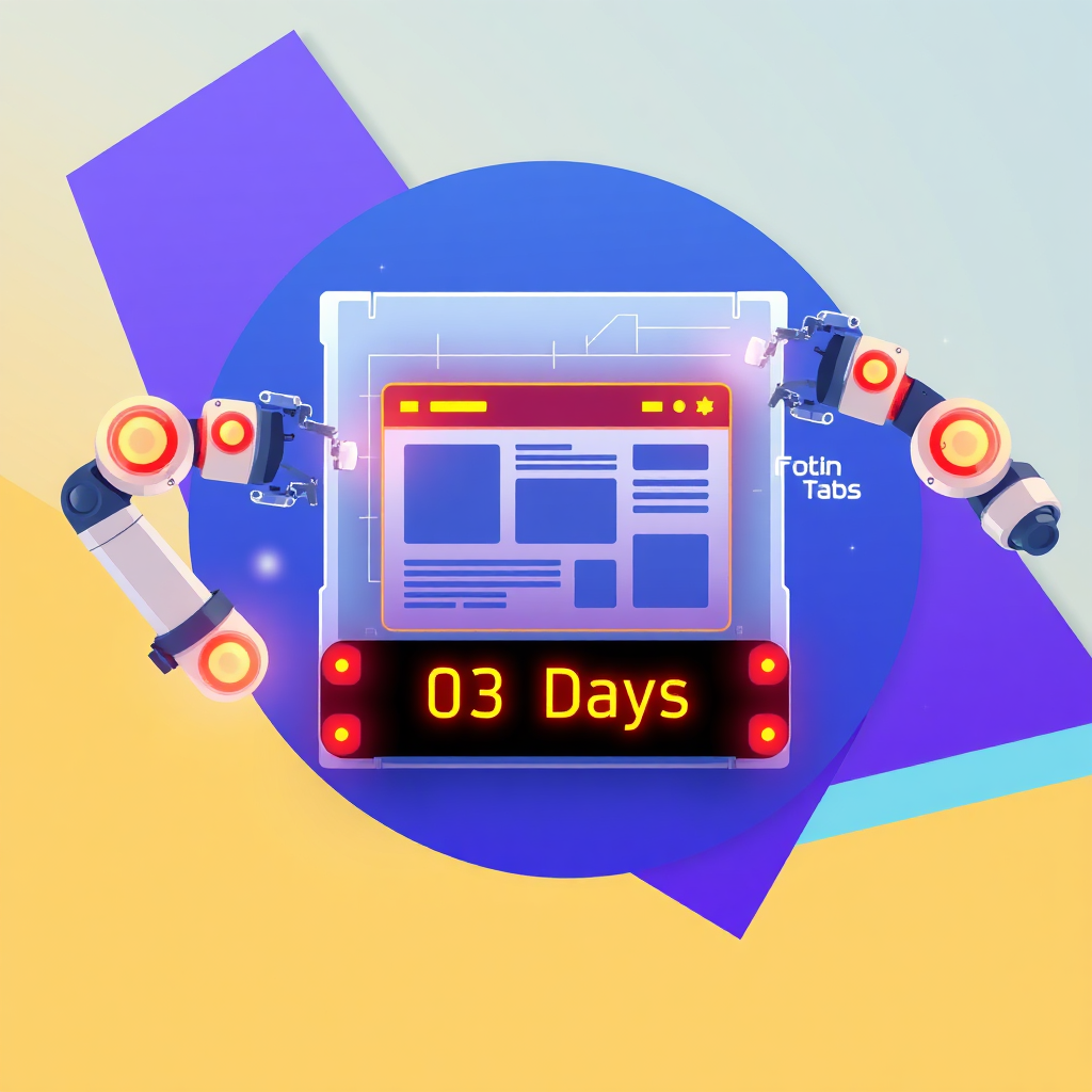 Create a stylized, modern graphic representing the rapid construction of a website. Imagine a website interface gradually appearing from a blueprint, assembled by robotic arms with glowing interfaces. A timer displays '03 Days' in a futuristic font. The background should be abstract and geometric, with vibrant blues, purples, and oranges. The style should be clean and minimalist, reminiscent of a modern tech company's branding. The overall image should convey speed, efficiency, and innovation. Consider adding subtle animations or visual effects to emphasize the 'building' process. 4K resolution, high quality, stylized illustration.