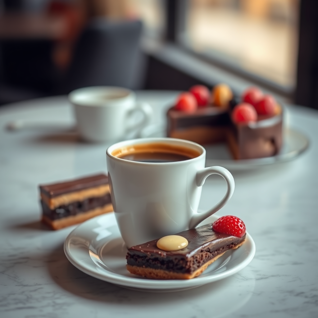 Create an image featuring a cup of coffee paired with a complementary dessert, such as a chocolate cake or a fruit tart. The coffee and dessert should be arranged attractively on a table, with soft lighting and a blurred background to create a sense of intimacy. Emphasize the visual appeal of the pairing.