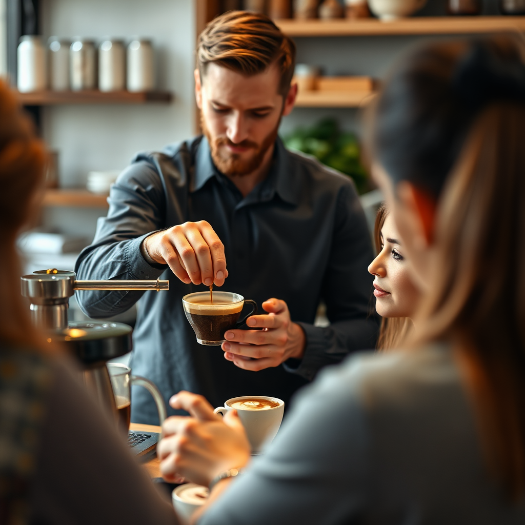 Create an image of a barista demonstrating a coffee brewing technique to a group of students. Focus on the hands and the coffee equipment. Ensure to capture a sense of learning and interaction.
