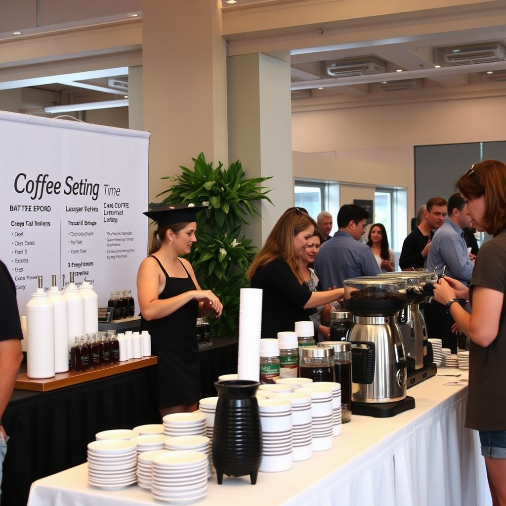 Create an image of a coffee catering setup at an event, with a coffee bar and baristas serving coffee to guests. Show a variety of coffee options and a lively atmosphere.