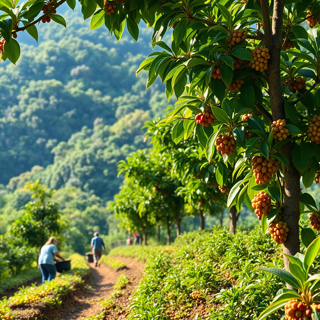Create an image of a coffee plantation in a lush, green environment, with coffee trees and workers harvesting beans. Highlight the sustainable farming practices and the connection to nature. Use vibrant colors to convey the beauty and richness of the coffee-growing landscape.